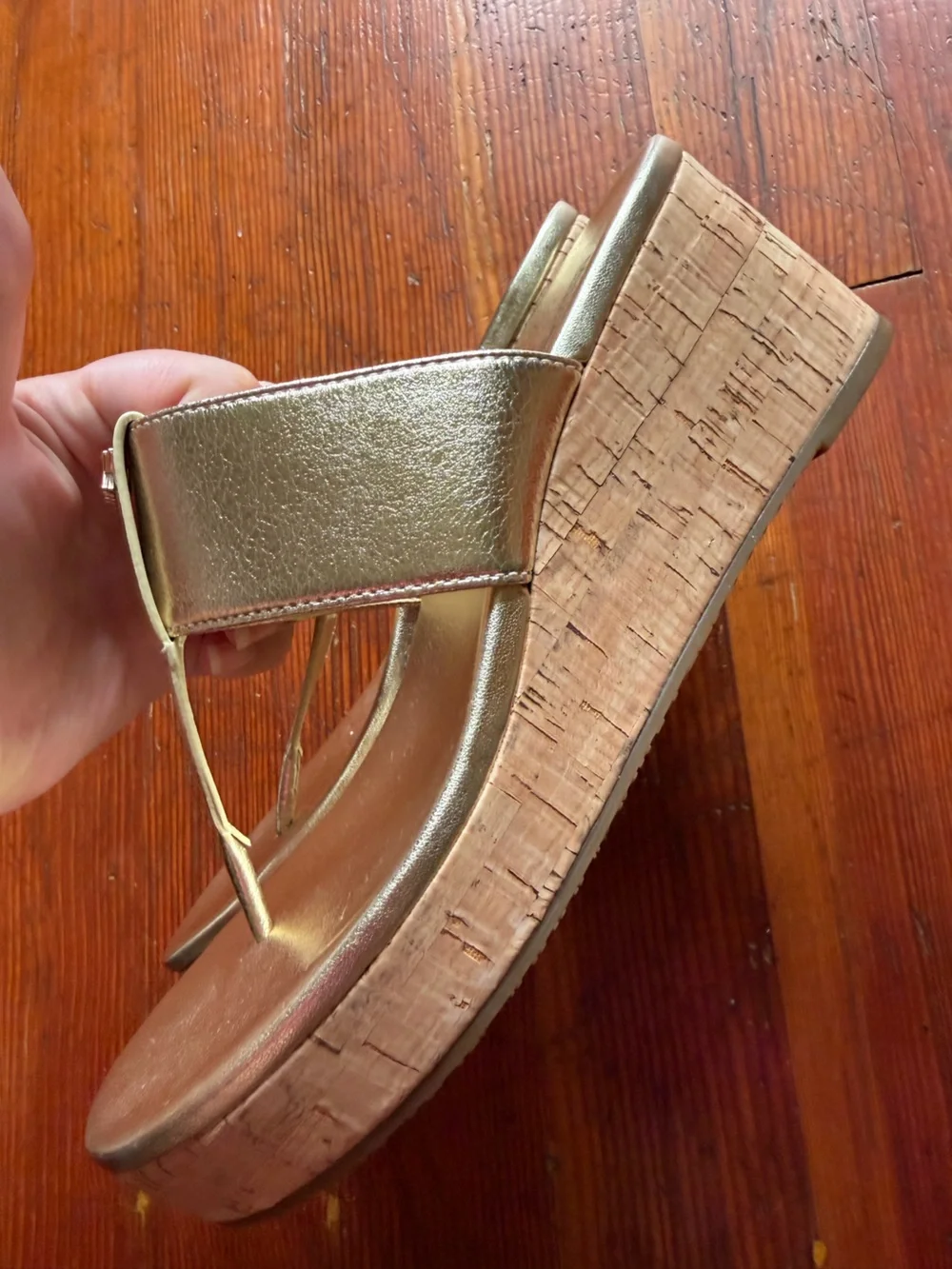 Michael Kors Metallic Gold Leather Thong Wedge Sandals